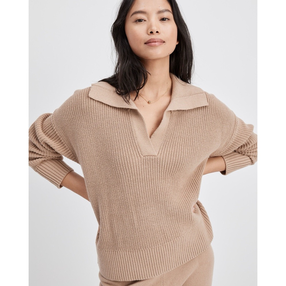 Haven Well Within Organic Cotton Polo Sweater Women's Medium Beige Ribbed